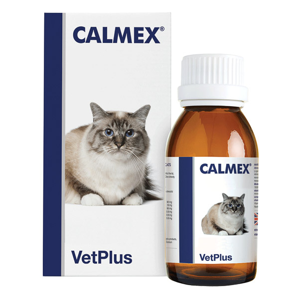Flacon de 60 ml cu soluție lichidă și seringă dozatoare VetPlus Calmex Cat pentru reducerea stresului la pisici.