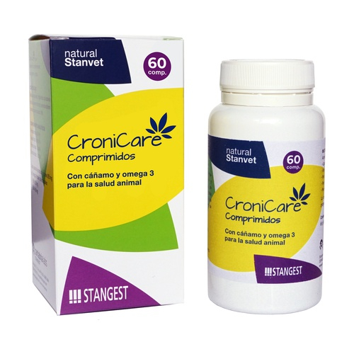 Cutie cu 60 de tablete Stangest CroniCare, supliment natural pe bază de cânepă pentru ameliorarea durerilor și anxietății la câini și pisici.
