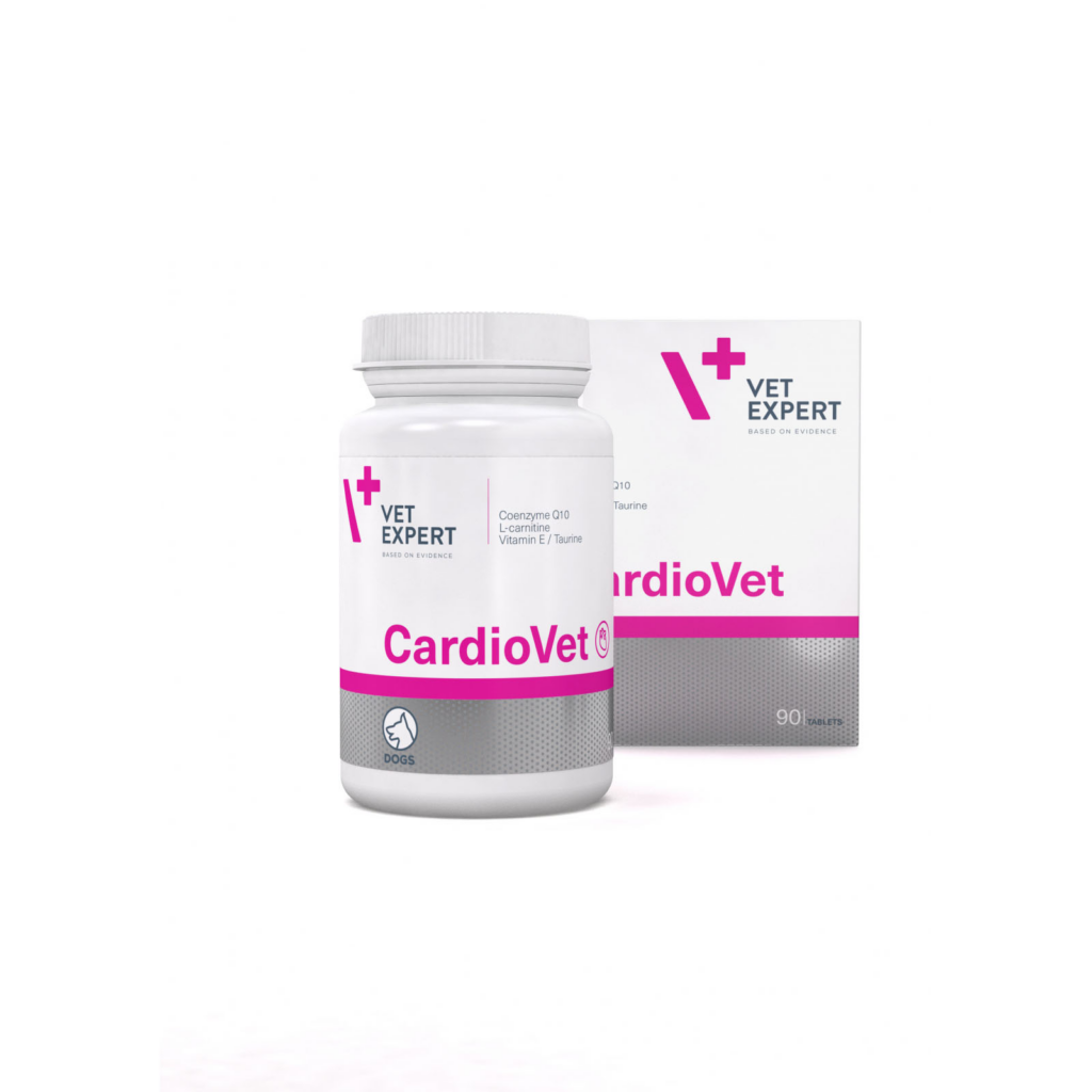 Cutie cu 90 de tablete CardioVet VetExpert, supliment cu l-carnitină și taurină pentru susținerea funcției cardiace la câini.