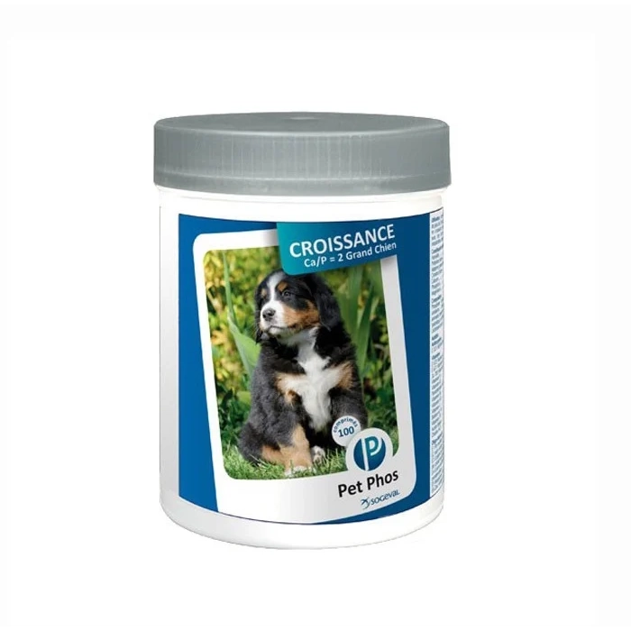 Cutie cu 100 de tablete Pet Phos Canin Croissance Ca/P 2 Grand Chien, supliment pentru dezvoltarea oaselor la puii de talie mare.