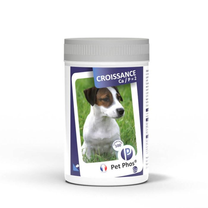 Cutie cu 100 de tablete Pet Phos Croissance Ca/P 2, supliment vitamino-mineral pentru pui de câine și femele în lactație.