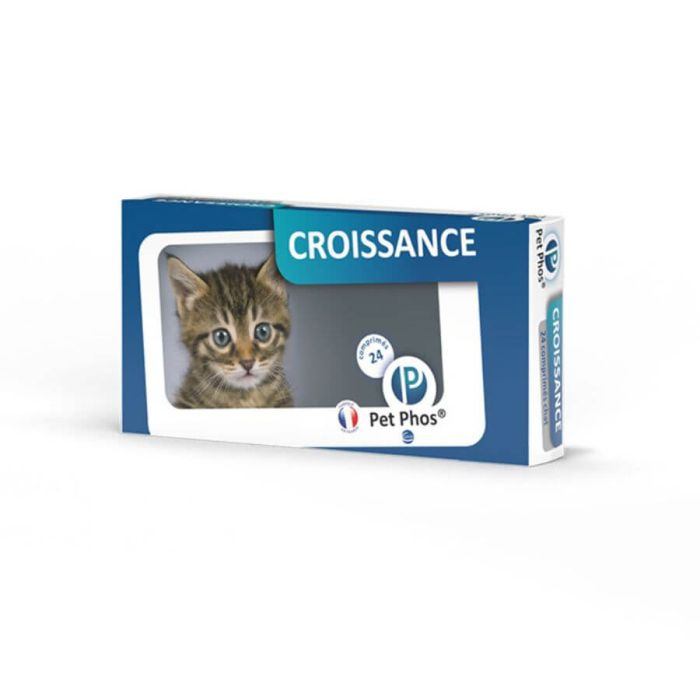 Cutie cu 96 de tablete Pet Phos Felin Croissance, supliment multivitaminic pentru pui de pisică și femele gestante sau în lactație.