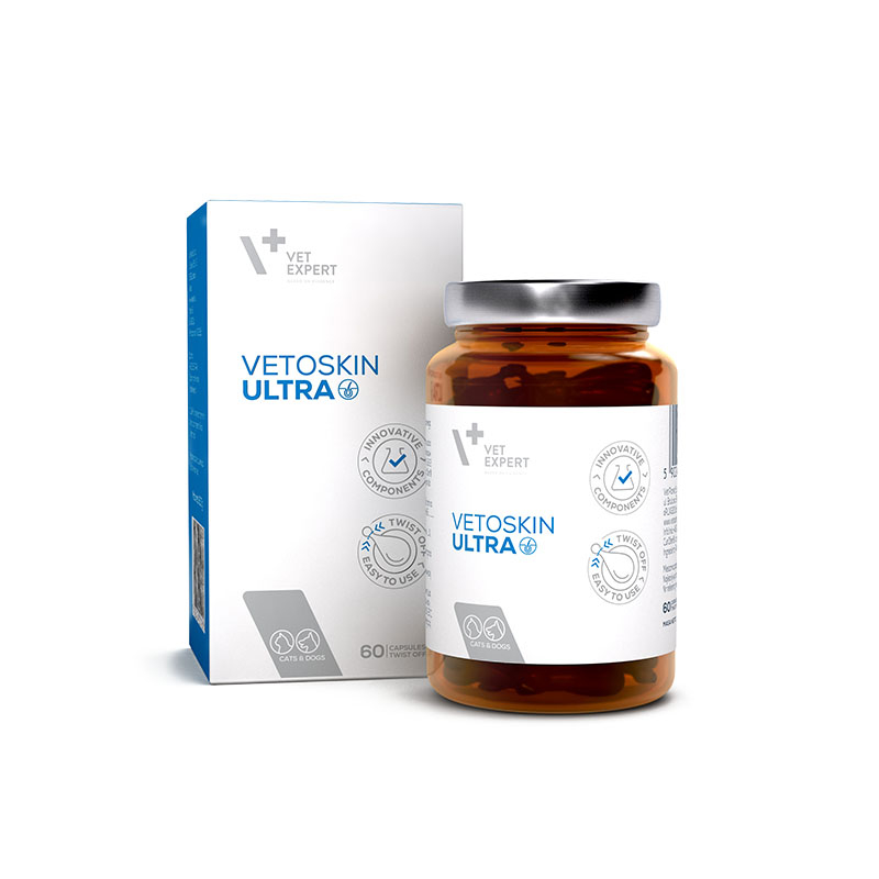 Cutie cu 60 de capsule twist-off VetExpert VetoSkin Ultra pentru calmarea pruritului și afecțiuni dermatologice la câini și pisici.