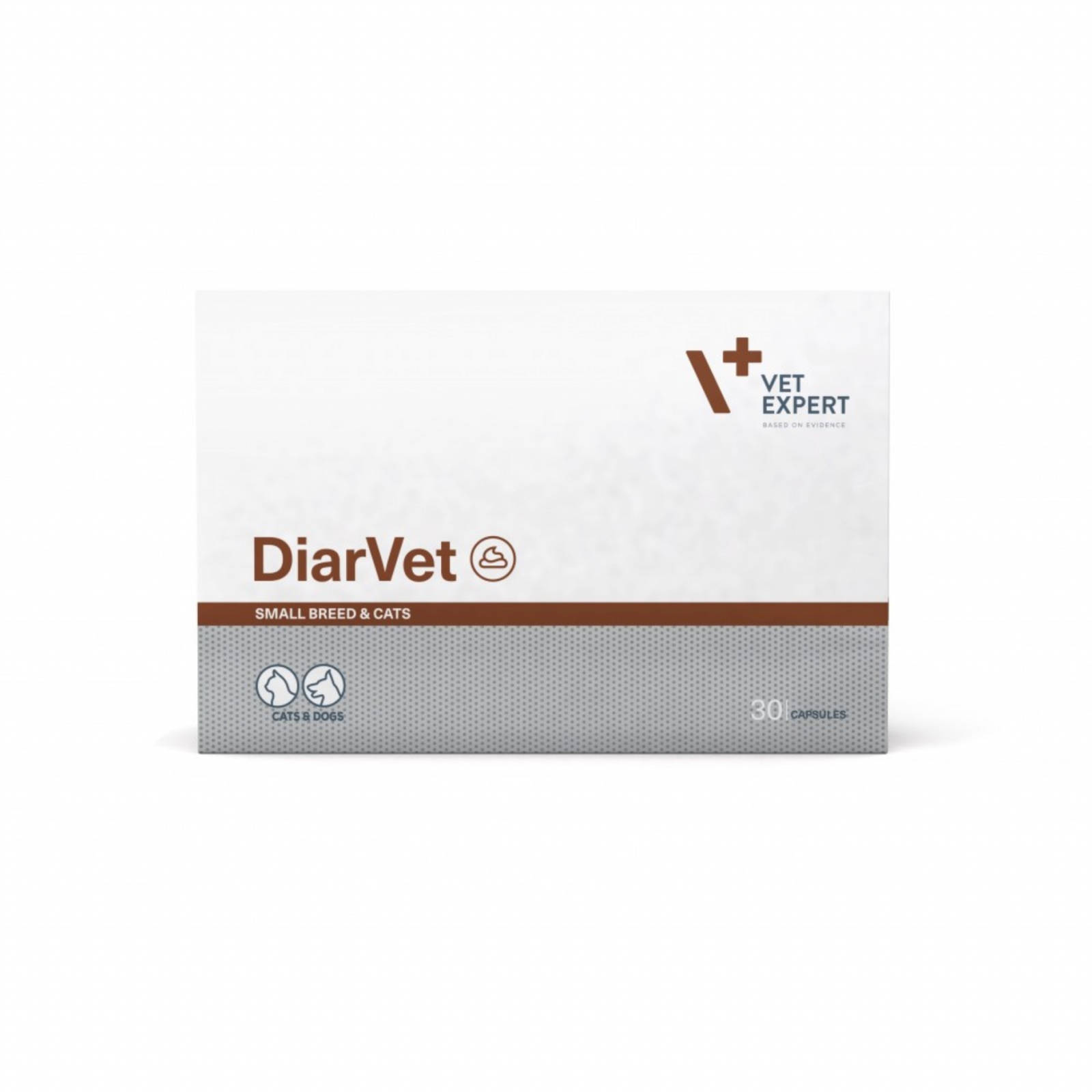 Cutie cu 30 de capsule Twist-Off DiarVet VetExpert, supliment gastrointestinal pentru oprirea diareei la câini de talie mică și pisici.