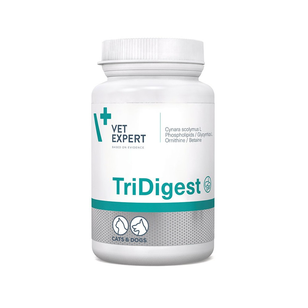 Cutie cu 40 de tablete VetExpert TriDigest, supliment veterinar cu triplă acțiune pentru susținerea digestiei, ficatului și pancreasului la câini și pisici.