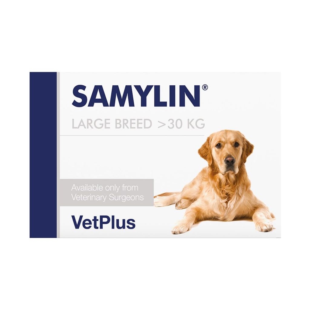 Cutie cu 30 de tablete Samylin Large Breed, supliment pentru protecția și regenerarea ficatului la câini de talie mare.