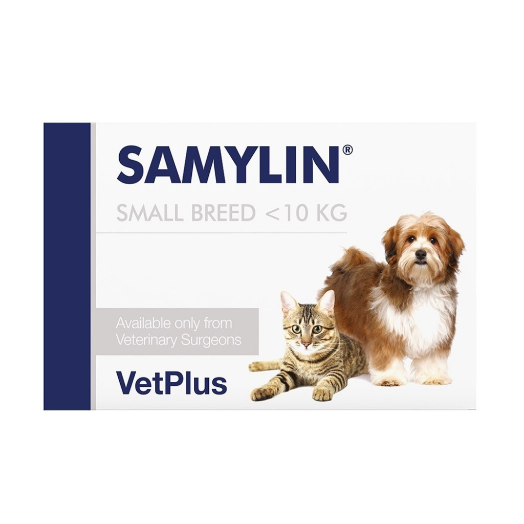 Cutie cu 30 de tablete Samylin Small Breed, supliment hepatoprotector pentru regenerarea ficatului la pisici și câini de talie mică.