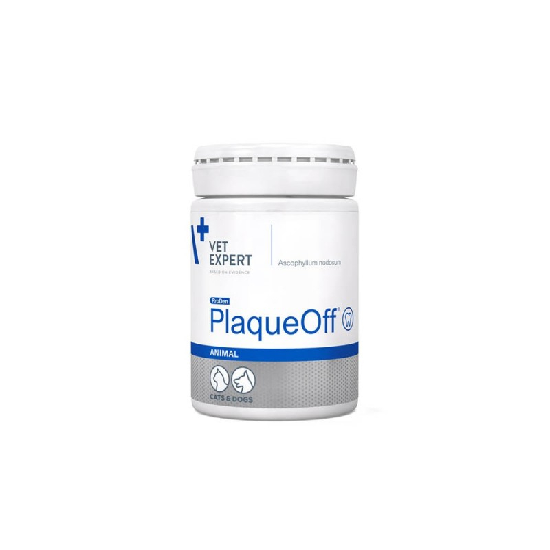 Flacon de 20 g cu pudră naturală din alge marine ProDen PlaqueOff pentru îndepărtarea tartrului la câini și pisici.