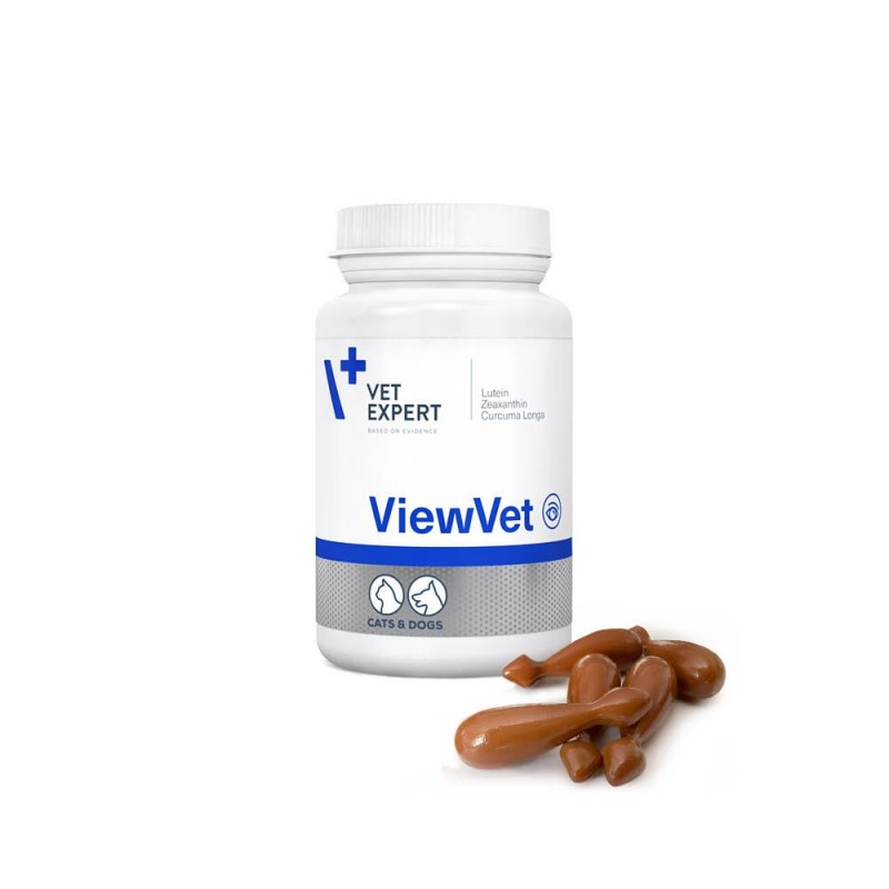 Cutie cu 45 de capsule Twist-Off ViewVet VetExpert, supliment oftalmologic cu luteină și taurină pentru protecția vederii la câini și pisici.