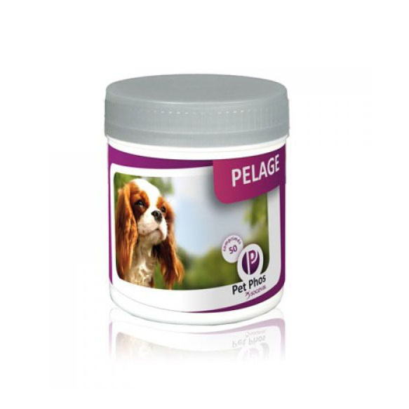Cutie cu 50 de tablete Pet Phos Special Pelage, supliment multivitaminic pentru strălucirea blănii și regenerarea pielii la câini.