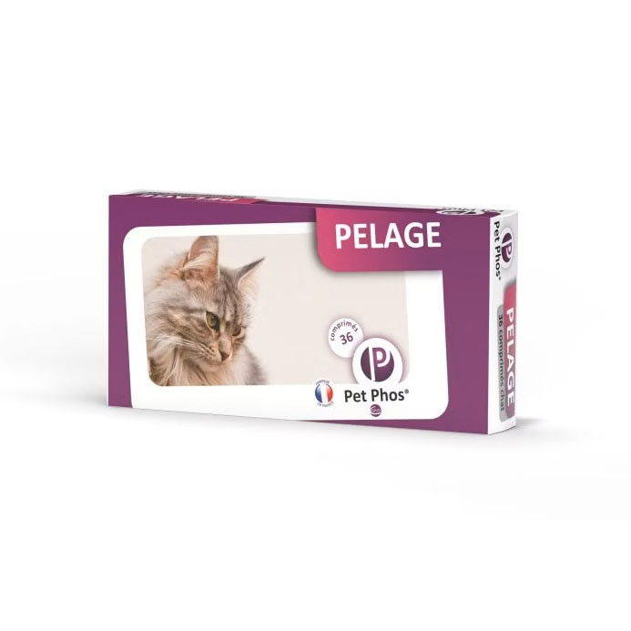Cutie cu 36 de tablete Pet Phos Felin Pelage, supliment multivitaminic cu biotină și taurină pentru sănătatea blănii la pisici.