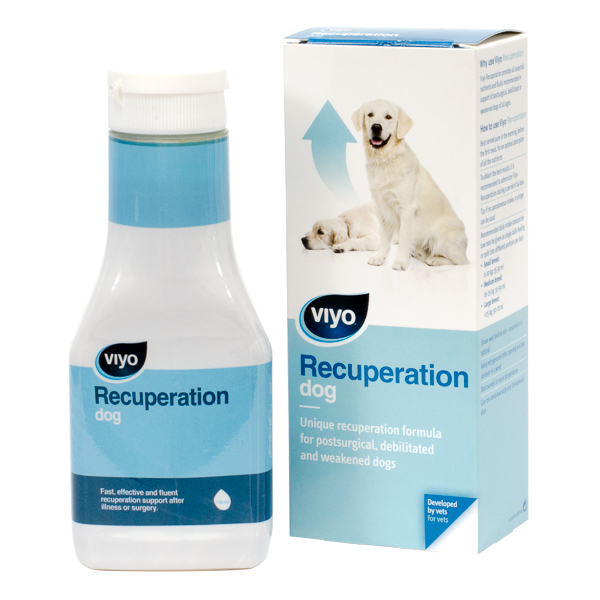 Flacon de 150 ml cu băutură nutritivă lichidă Viyo Recuperation Dog pentru stimularea apetitului și recuperarea câinilor convalescenți.