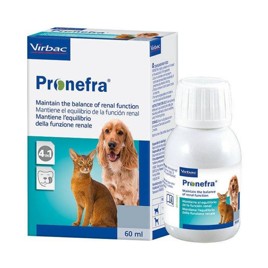 Flacon de 60 ml Virbac Pronefra, supliment lichid pentru susținerea funcției renale la câini și pisici.
