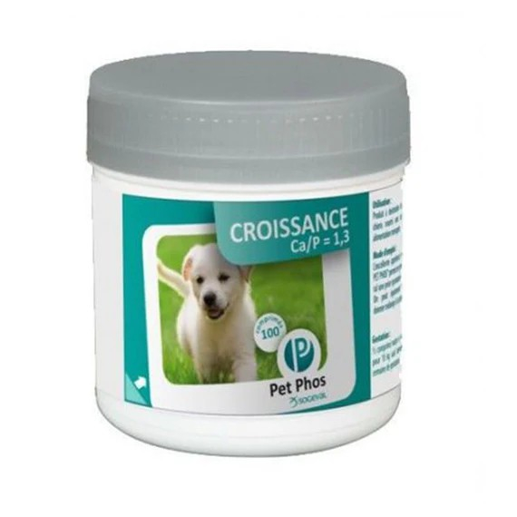 Cutie cu 100 de tablete Pet Phos Canin Ca/P 1.3, supliment multivitaminic și mineral pentru câini în creștere, adulți sau femele gestante.