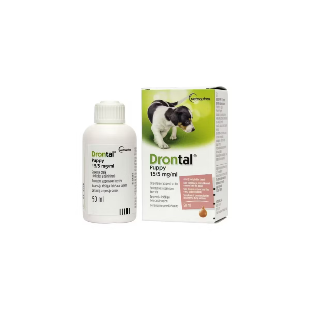 Flacon de 50 ml cu suspensie orală antiparazitară Drontal Puppy, prevăzut cu seringă dozatoare, pentru tratamentul împotriva viermilor intestinali la puii de câine.