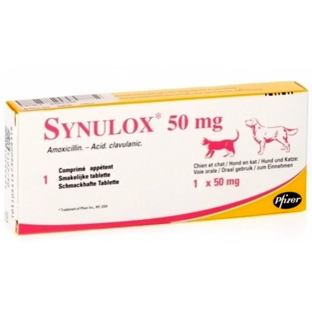 Folie cu 10 tablete Synulox 50 mg, antibiotic veterinar pentru tratamentul infecțiilor bacteriene la pisici și câini de talie mică.