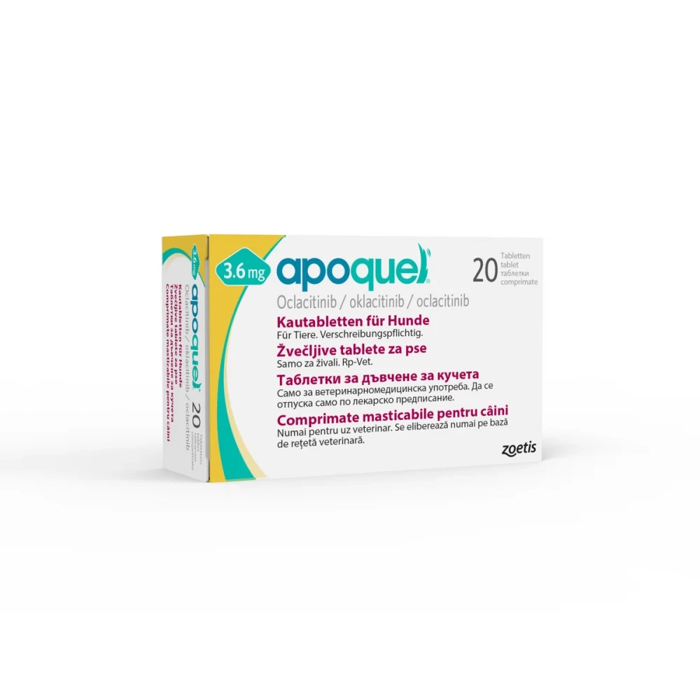 Tablete masticabile Apoquel Chew pentru tratarea pruritului și a dermatitei alergice la câini, produs de Zoetis.