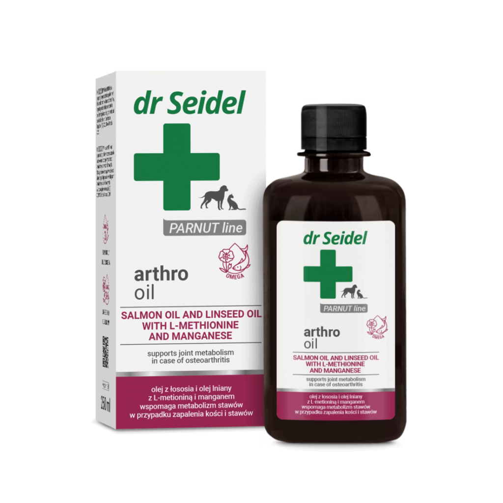 Flacon de 250 ml de ulei Dr. Seidel Arthro Oil pentru susținerea metabolismului articular și a mobilității la câini.