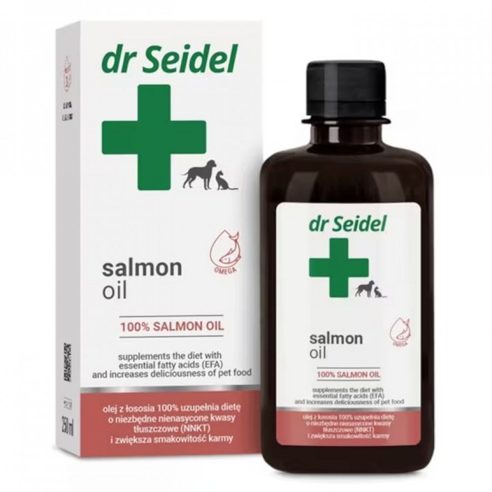 Flacon de 250 ml cu ulei de somon 100% natural Dr. Seidel pentru sănătatea blănii câinilor și pisicilor.