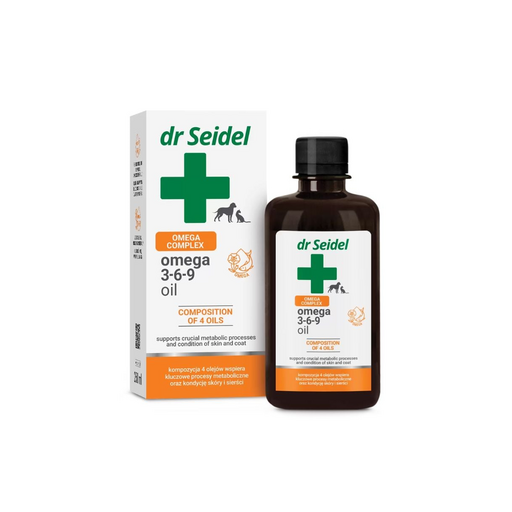 Flacon de 250 ml cu ulei Omega 3-6-9 Dr. Seidel pentru susținerea imunității și a pielii la câini și pisici.