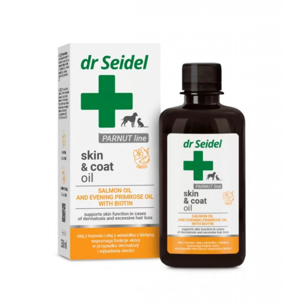Flacon de 250 ml de ulei Dr. Seidel Skin & Coat Oil pentru tratarea dermatozei și stoparea căderii părului la câini.