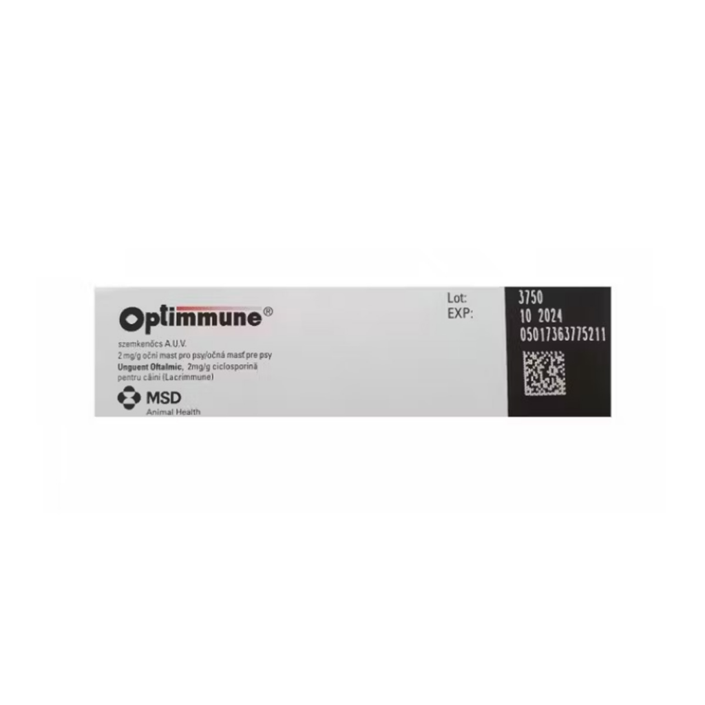 Tub de 3.5 g cu unguent oftalmic steril Optimmune, tratament veterinar cu ciclosporină pentru keratoconjunctivita sicca la câini.
