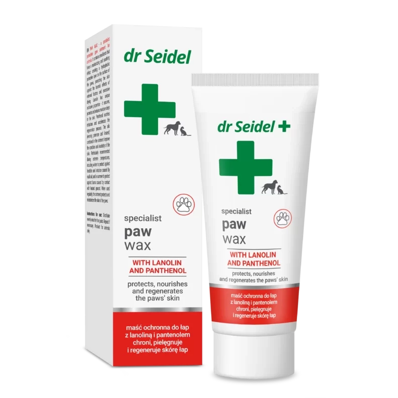 Cutie de 65 g cu unguent protector Dr. Seidel Paw Wax pentru hidratarea și protejarea pernuțelor la câini și pisici.