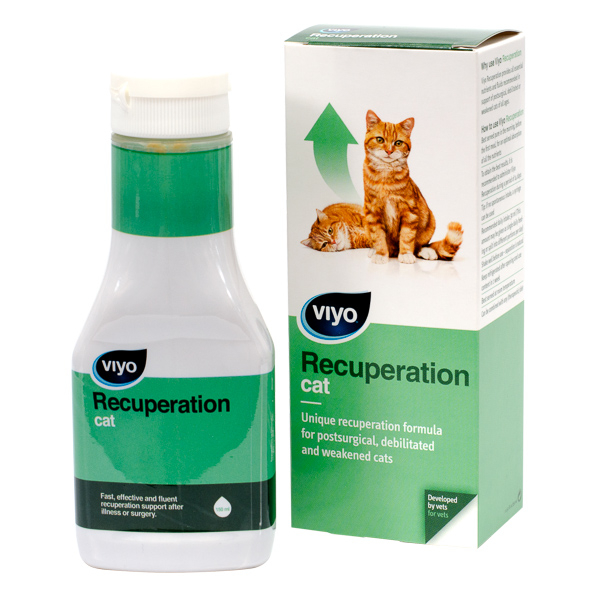 Flacon de 150 ml cu băutură nutritivă lichidă Viyo Recuperation Cat pentru stimularea apetitului și recuperarea pisicilor convalescente.