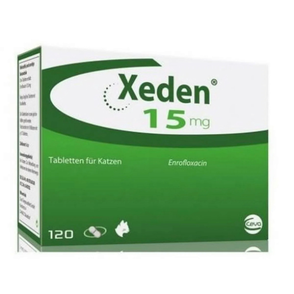 Folie cu 12 comprimate palatabile de Xeden 15 mg, antibiotic pe bază de enrofloxacină pentru tratamentul infecțiilor la câini.