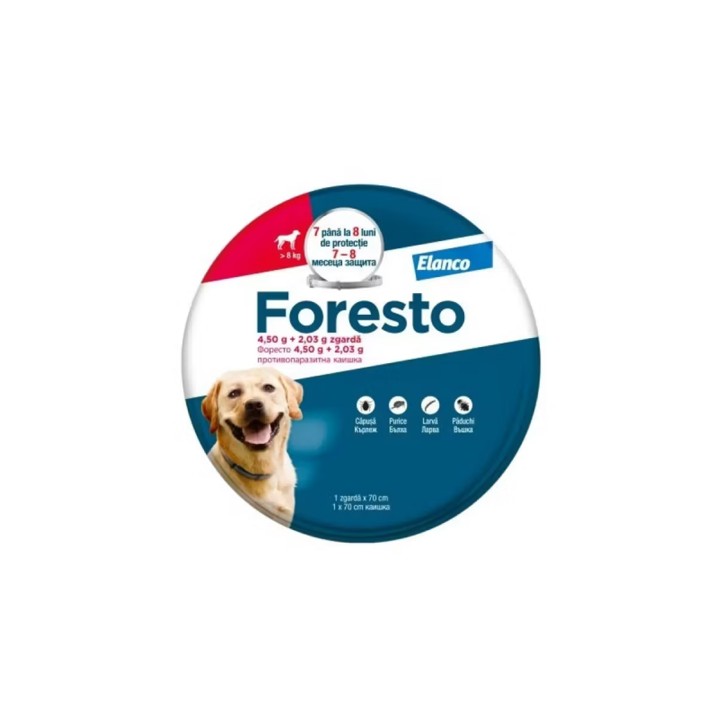 Cutie metalică cu zgardă antiparazitară Foresto (70 cm), oferind până la 8 luni de protecție împotriva puricilor și căpușelor pentru câini cu greutatea de peste 8 kg.
