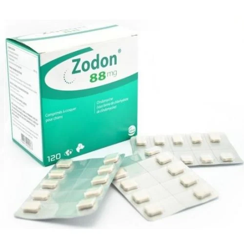 Folie cu 10 comprimate masticabile Zodon 88 mg, antibiotic veterinar pe bază de clindamicină pentru infecții dentare și osoase la câini.