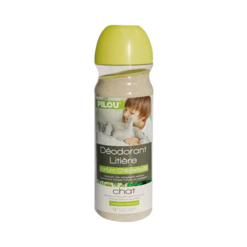 Deodorant pentru litieră Pilou, aditiv igienic cu parfum floral dulce de caprifoi pentru combaterea mirosurilor, flacon de 750 g.