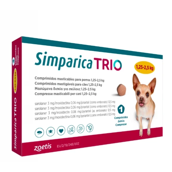 Cutie Simparica Trio cu 3 comprimate masticabile pentru deparazitarea internă și externă a puilor și câinilor între 1.25 și 2.5 kg.