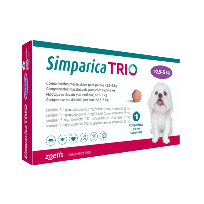 Cutie Simparica Trio cu 3 comprimate masticabile pentru deparazitarea internă și externă a câinilor între 2.6 și 5 kg.