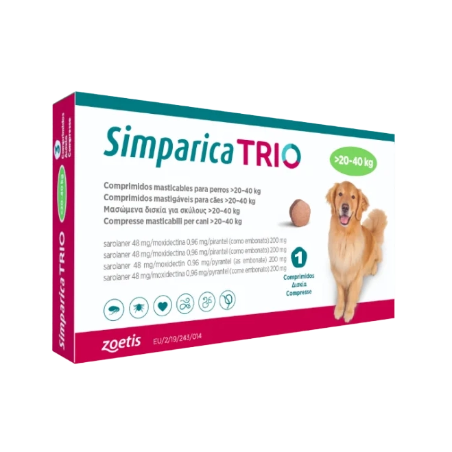 Cutie Simparica Trio cu 3 comprimate masticabile pentru deparazitarea internă și externă a câinilor între 20.1 și 40 kg.