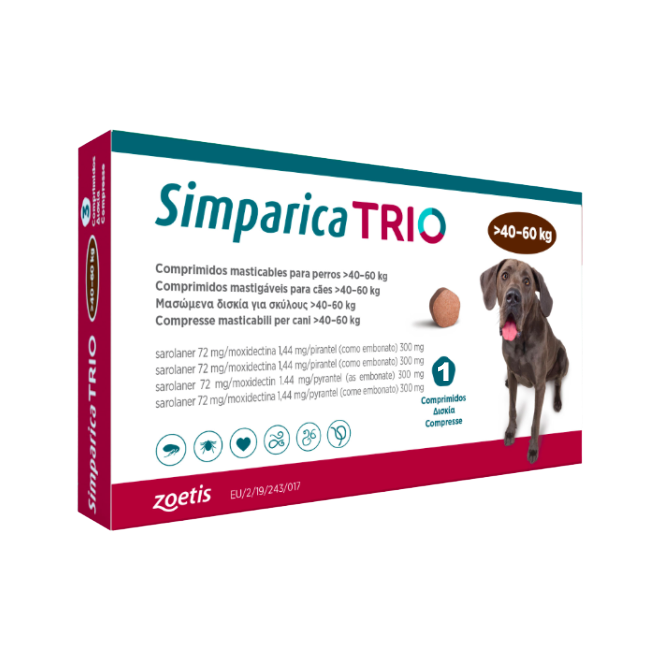 Cutie Simparica Trio cu 3 comprimate masticabile pentru deparazitarea internă și externă a câinilor între 40.1 și 60 kg.