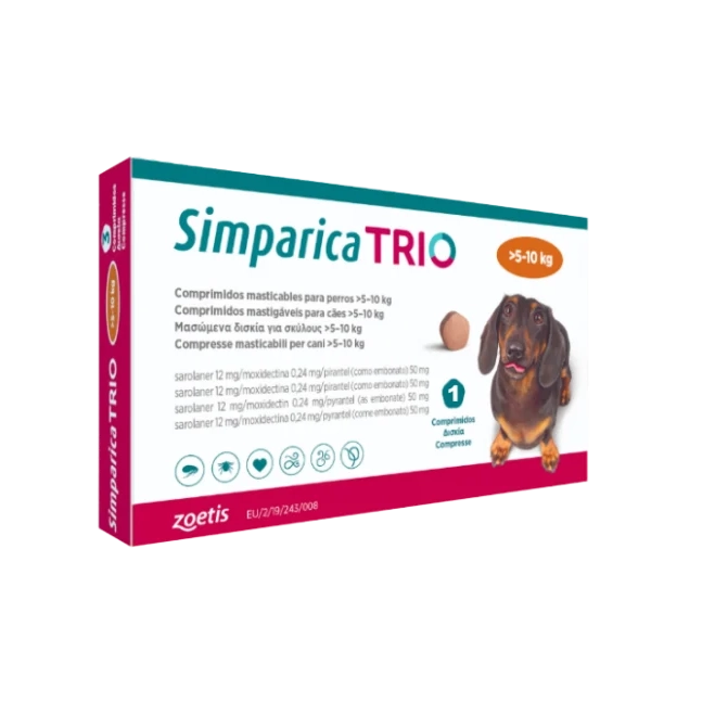 Cutie Simparica Trio cu 3 comprimate masticabile pentru deparazitarea internă și externă a câinilor între 5.1 și 10 kg.