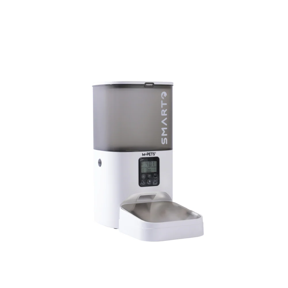Distribuitor automat de hrană M-PETS Smarto M800, capacitate 6 litri, cu bol din oțel inoxidabil, control WiFi și funcție vocală.