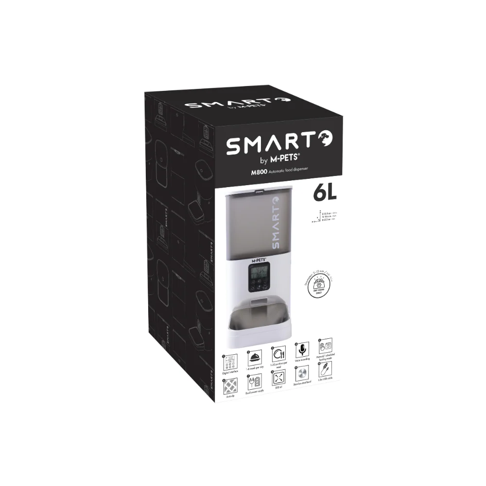 Distribuitor automat de hrană M-PETS Smarto M800, capacitate 6 litri, cu bol din oțel inoxidabil, control WiFi și funcție vocală.