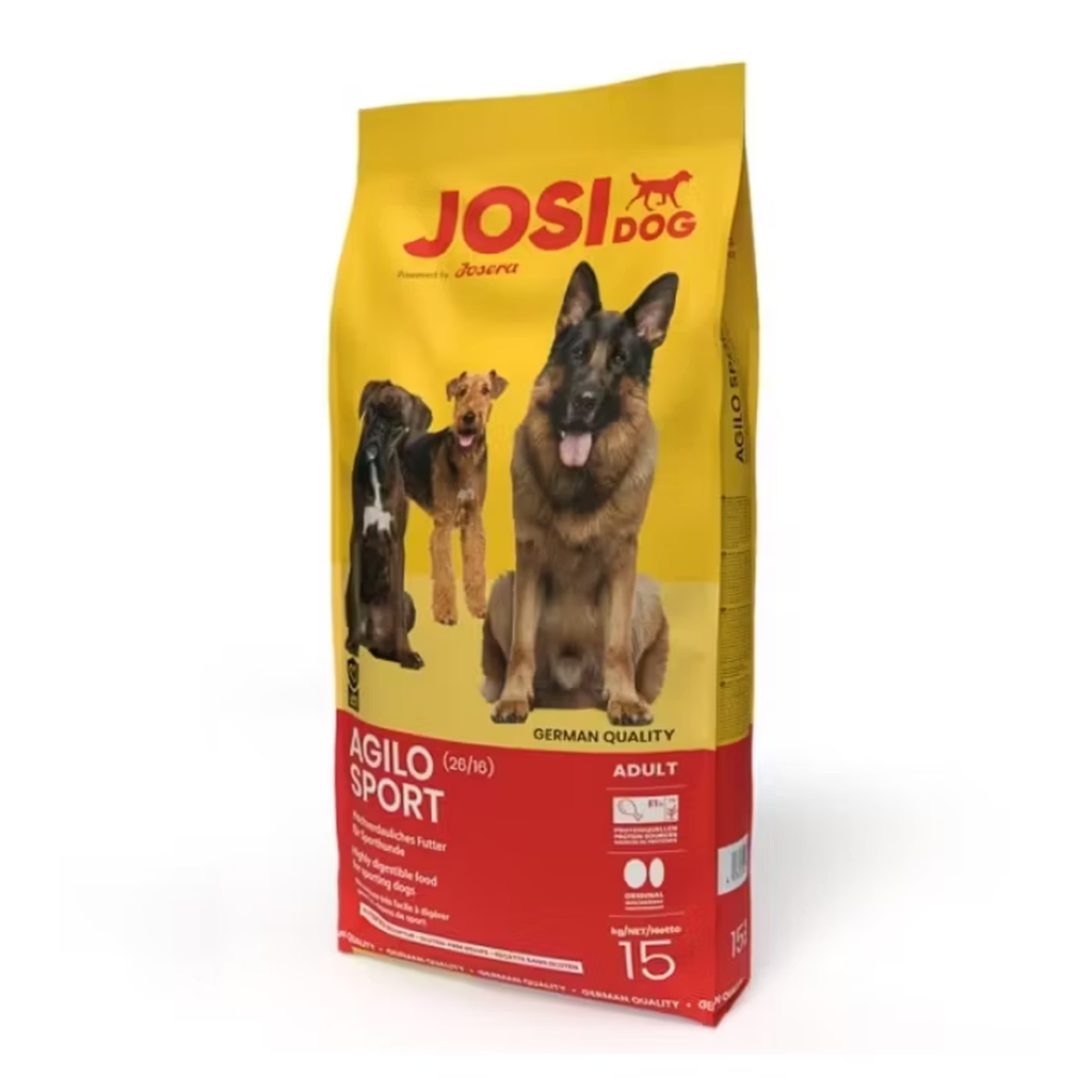 Hrană uscată JosiDog Agilo Sport pentru câini adulți foarte activi și sportivi, nivel ridicat de energie, sac de 15 kg.