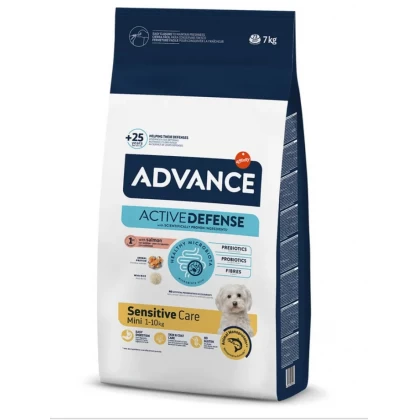 Hrană uscată Advance Mini Sensitive cu somon și orez pentru câini de talie mică, digestie și piele sensibilă, sac de 7 kg.