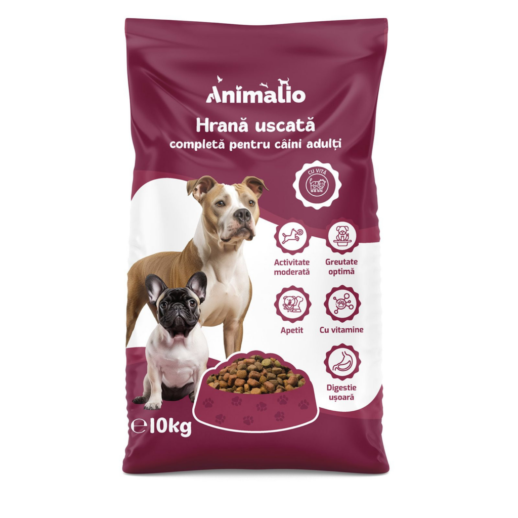 Hrană uscată Animalio pentru câini adulți, cu gust intens de vită, sac de 10 kg.