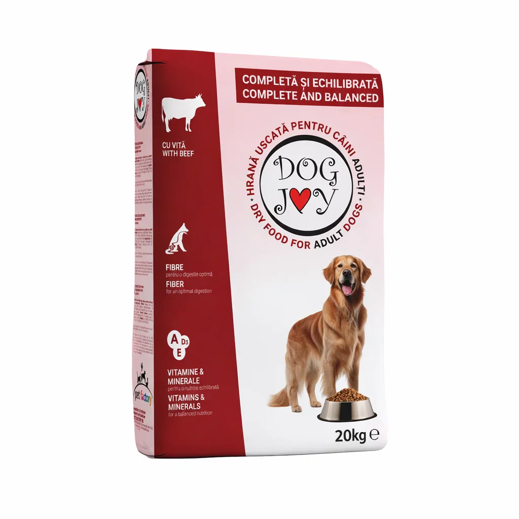 Hrană uscată Dog Joy pentru câini adulți, cu gust intens de vită, sac economic de 20 kg.