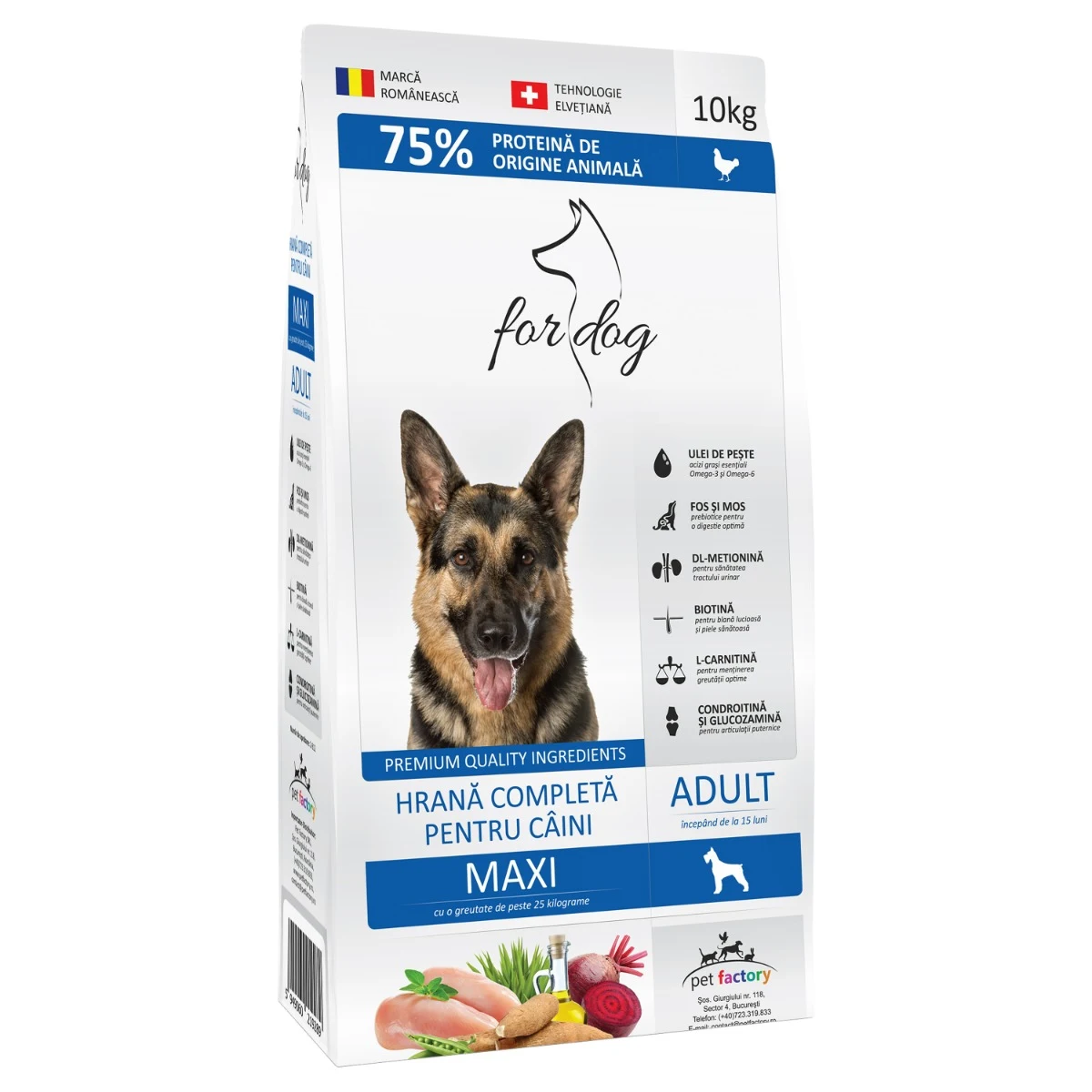 Hrană uscată For Dog pentru câini adulți de talie medie și mare, rețetă cu pui și legume, sac de 10 kg.