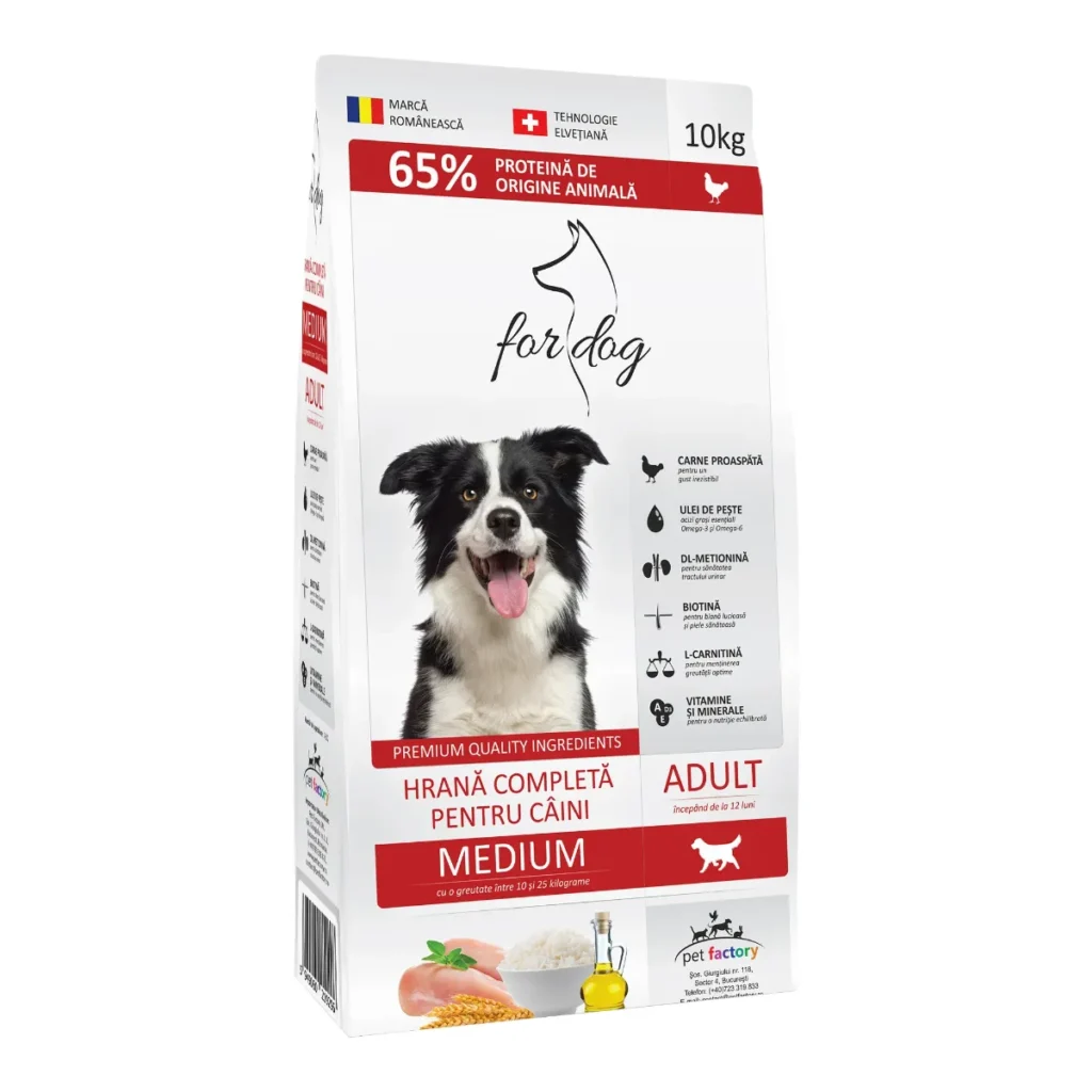 Hrană uscată For Dog Adult Medium pentru câini de talie medie, cu carne de pasăre, crochete adaptate, sac de 10 kg.