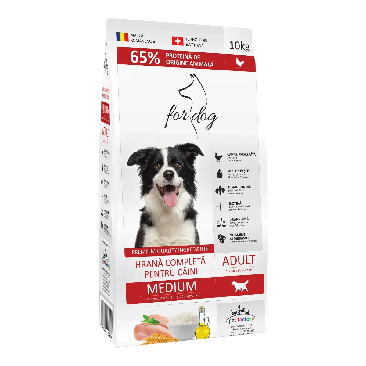 Hrană uscată For Dog Adult Medium pentru câini de talie medie, cu carne de pasăre, crochete adaptate, sac de 10 kg.