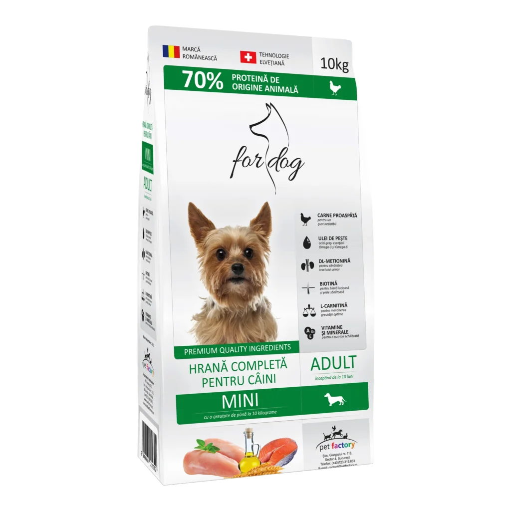 Hrană uscată For Dog Mini Adult pentru câini de talie mică, crochete adaptate de dimensiuni reduse, sac de 10 kg.
