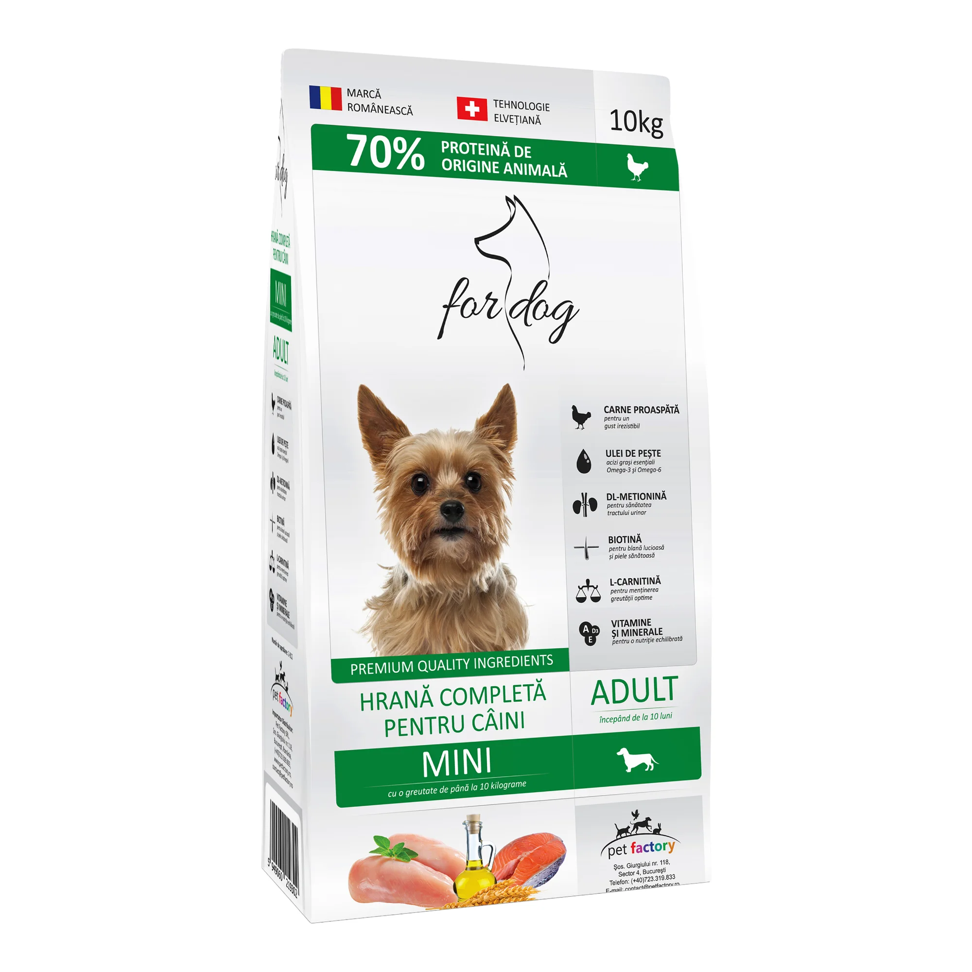 Hrană uscată For Dog Mini Adult pentru câini de talie mică, crochete adaptate de dimensiuni reduse, sac de 10 kg.