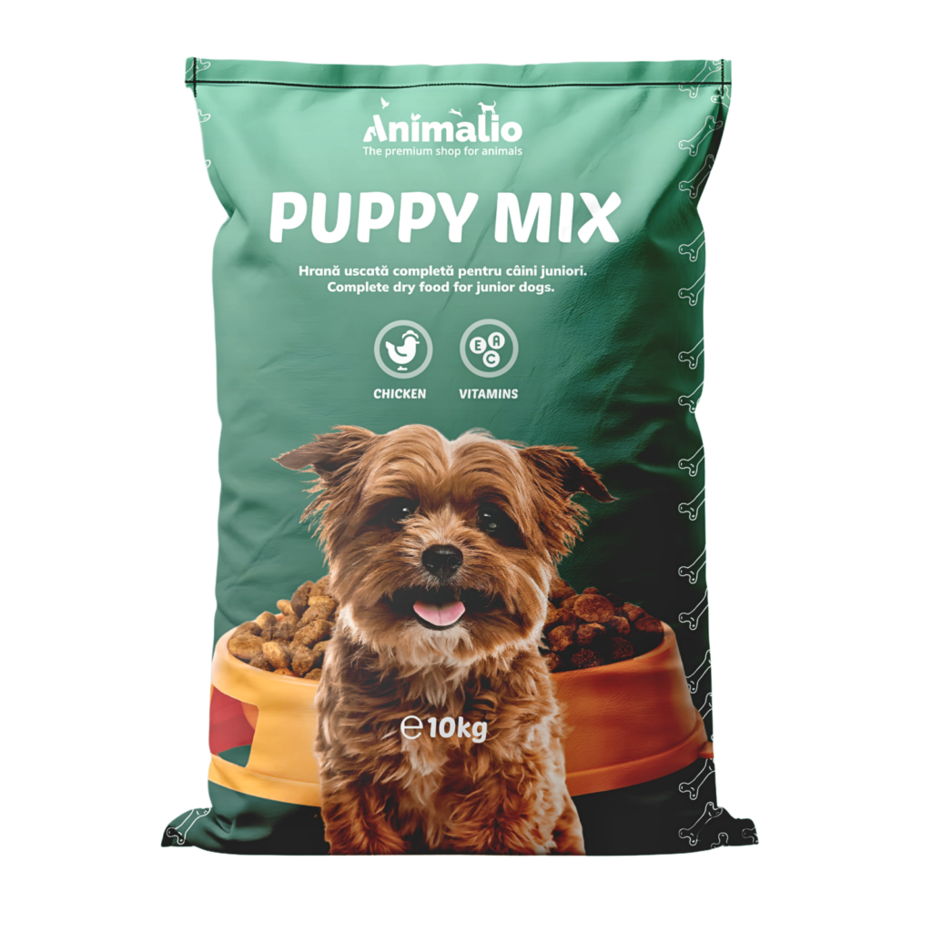 Hrană uscată Animalio Puppy Mix pentru pui de câine și juniori, rețetă echilibrată pentru creștere, sac de 10 kg.