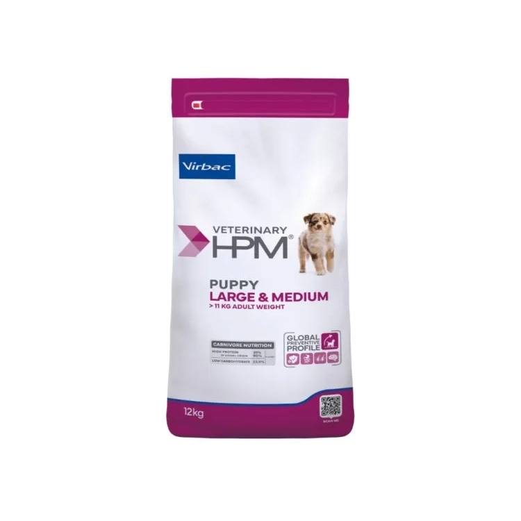 Hrană uscată Virbac Veterinary HPM Baby Large & Medium pentru pui de câine de talie medie și mare, bogată în proteine, sac de 12 kg.